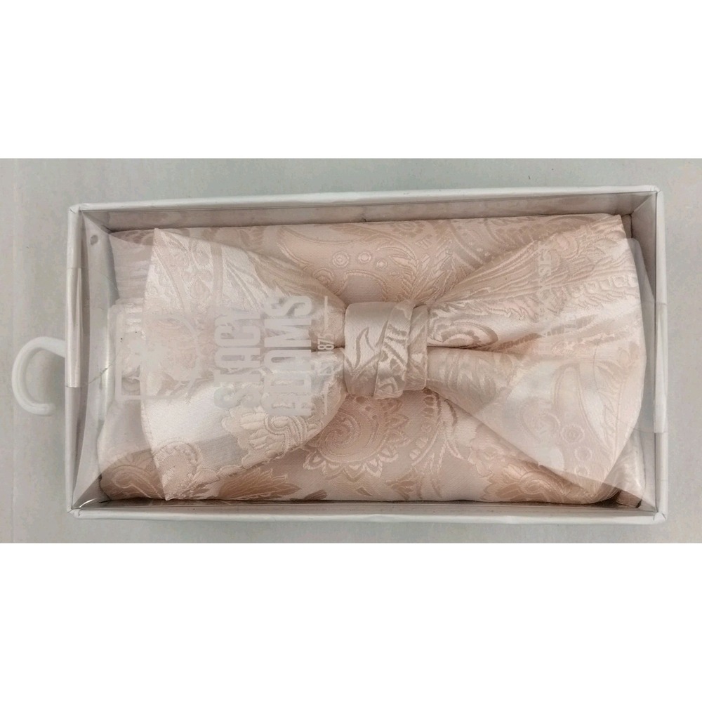 New Stacy Adams Satin Bowtie & Hanky Set Blush Pink Paisley Handkerchief Pre Tie
